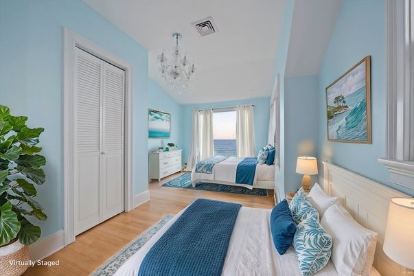 Bedroom, Chandelier, Interior, Water, Wood Texture Flooring