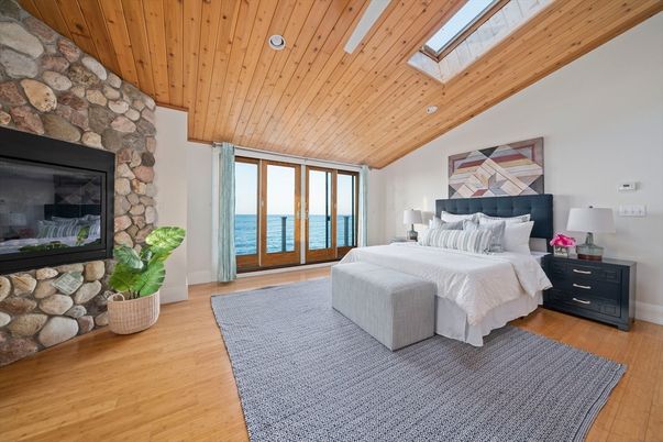 Bedroom, Fireplace, Interior, Stone Walls, Water, Wooden Ceilings, Wood Texture Flooring
