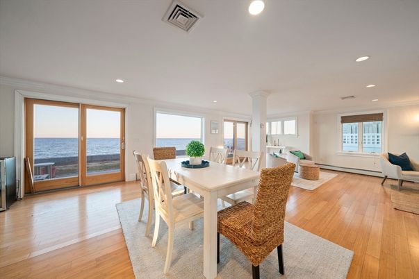 Dining room, Interior, Living room, Recessed Lighting, Water, Wood Texture Flooring