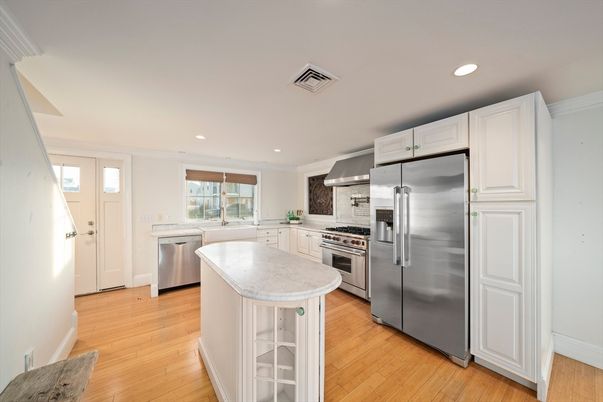 Interior, Kitchen, Recessed Lighting, Stainless Steel Appliances, Wood Texture Flooring