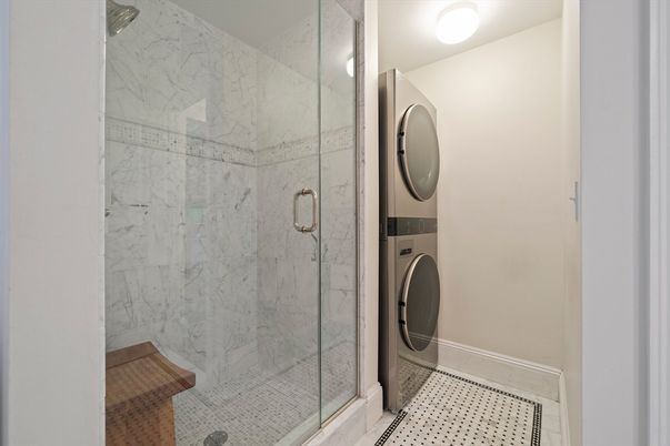 Bathroom, Glass Shower, Interior, Marble Walls, Washer