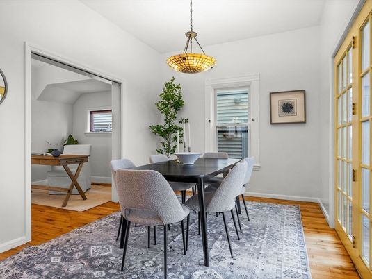 Dining room, Interior, Pendant Lights, Wood Texture Flooring