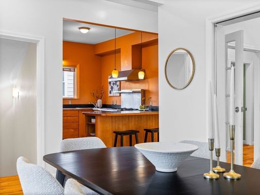 Dining room, Interior, Kitchen, Pendant Lights, Wood Texture Flooring