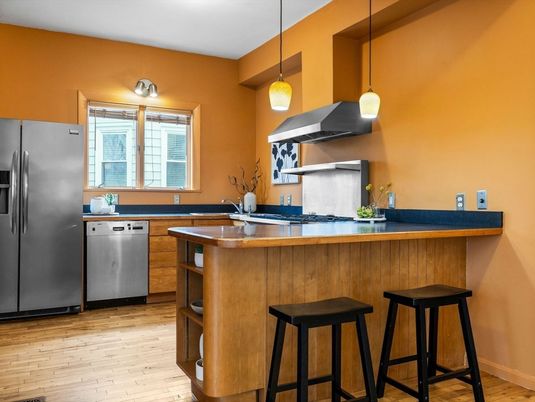 Interior, Kitchen, Pendant Lights, Stainless Steel Appliances, Wood Texture Flooring
