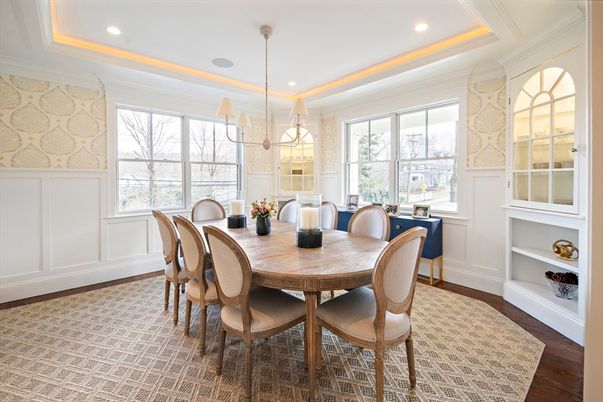 Dining room, Interior, Pendant Lights, Recessed Lighting, Wood Texture Flooring