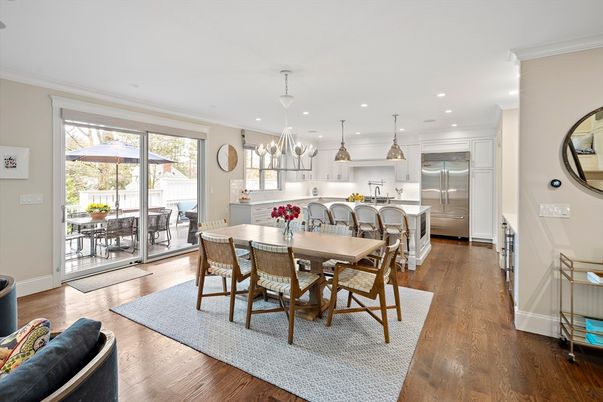 Dining room, Interior, Kitchen, Pendant Lights, Recessed Lighting, Stainless Steel Appliances, Wood Texture Flooring