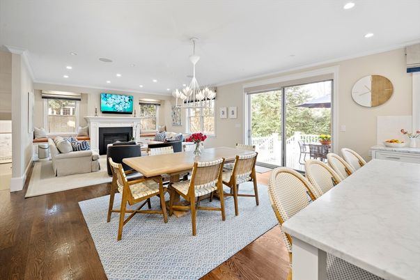 Chandelier, Dining room, Fireplace, Interior, Living room, Recessed Lighting, Wood Texture Flooring