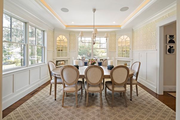 Dining room, Interior, Pendant Lights, Recessed Lighting, Wood Texture Flooring