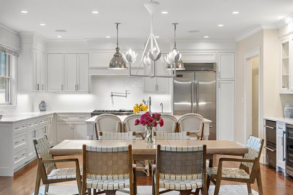 Dining room, Interior, Kitchen, Pendant Lights, Recessed Lighting, Stainless Steel Appliances, Wood Texture Flooring