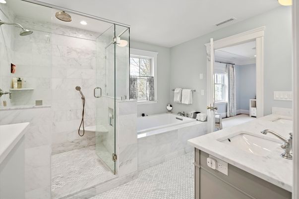 Bathroom, Glass Shower, Interior, Marble Walls, Recessed Lighting