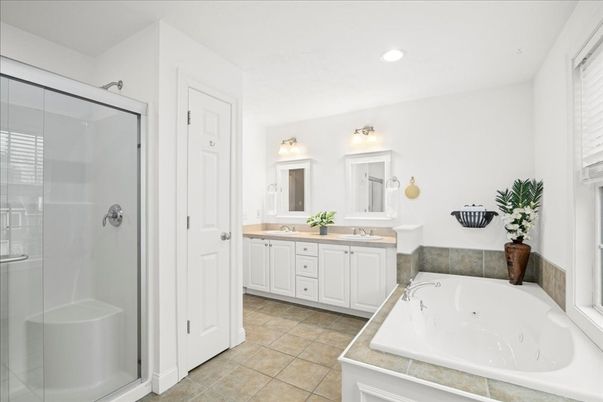 Bathroom, Dual Sink Vanities, Glass Shower, Interior, Recessed Lighting