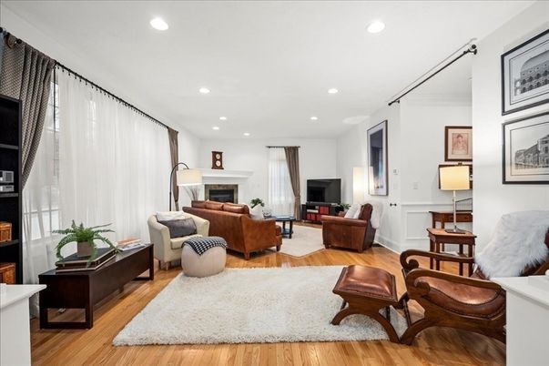 Fireplace, Interior, Living room, Recessed Lighting, Wood Texture Flooring