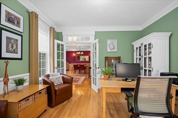 Chandelier, Home Office, Interior, Wood Texture Flooring