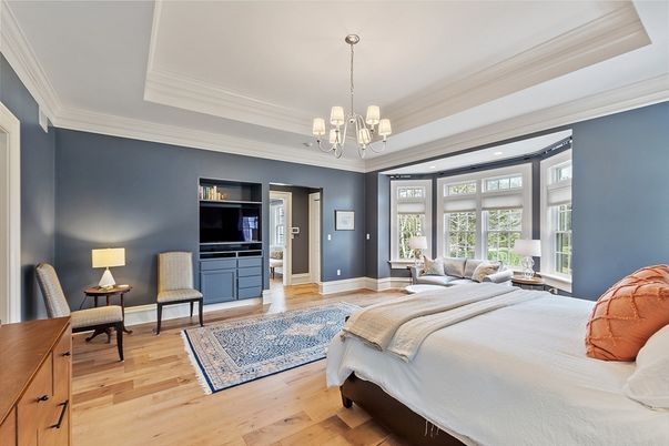 Bedroom, Interior, Pendant Lights, Recessed Lighting, Wood Texture Flooring