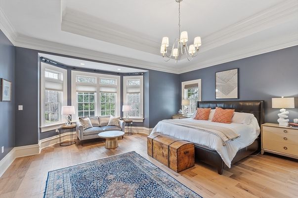 Bedroom, Chandelier, Interior, Recessed Lighting, Wood Texture Flooring