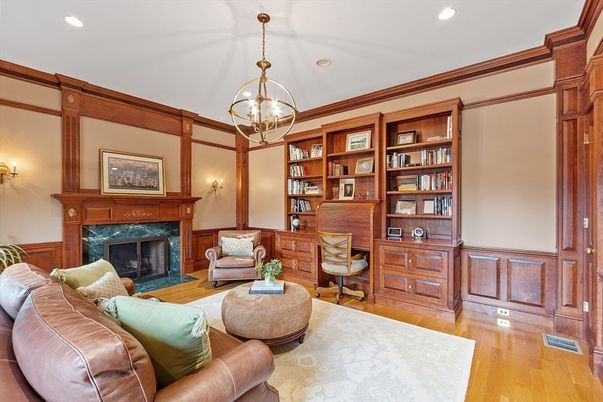 Chandelier, Fireplace, Home Office, Interior, Pendant Lights, Recessed Lighting, Wood Texture Flooring