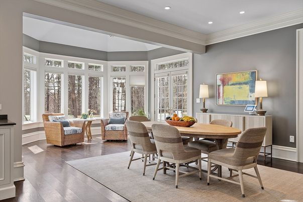 Dining room, Interior, Living room, Recessed Lighting, Wood Texture Flooring