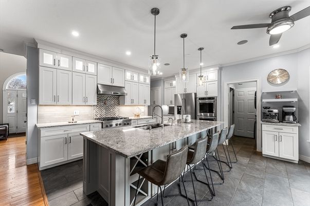 Interior, Kitchen, Pendant Lights, Recessed Lighting, Stainless Steel Appliances, Wood Texture Flooring
