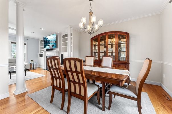 Chandelier, Dining room, Fireplace, Interior, Recessed Lighting, Wood Texture Flooring