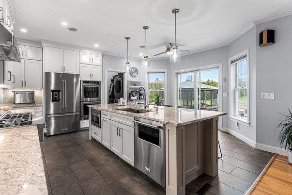 Interior, Kitchen, Pendant Lights, Recessed Lighting, Stainless Steel Appliances, Wood Texture Flooring
