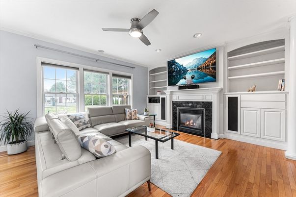 Fireplace, Interior, Living room, Recessed Lighting, Wood Texture Flooring