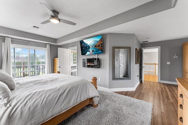 Bedroom, Fireplace, Interior, Wood Texture Flooring