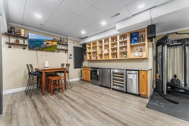 Dining room, Interior, Recessed Lighting, Wood Texture Flooring