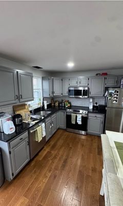 Interior, Kitchen, Recessed Lighting, Stainless Steel Appliances, Wood Texture Flooring