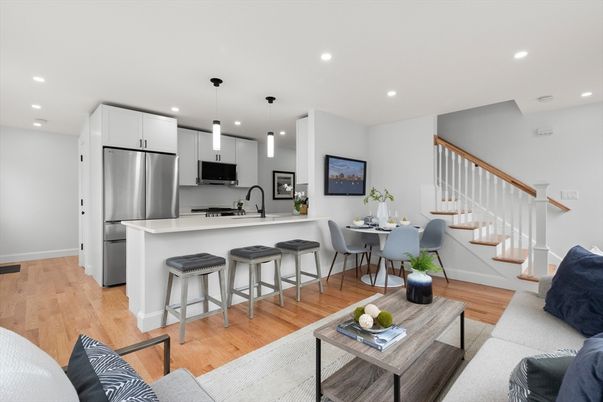 Dining room, Interior, Kitchen, Living room, Pendant Lights, Recessed Lighting, Stainless Steel Appliances, Wood Texture Flooring