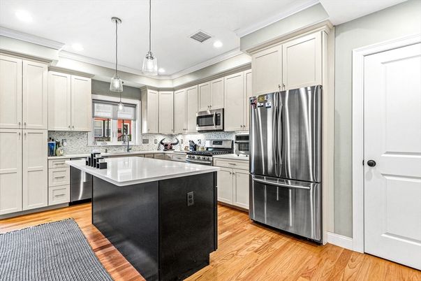 Interior, Kitchen, Pendant Lights, Recessed Lighting, Stainless Steel Appliances, Wood Texture Flooring