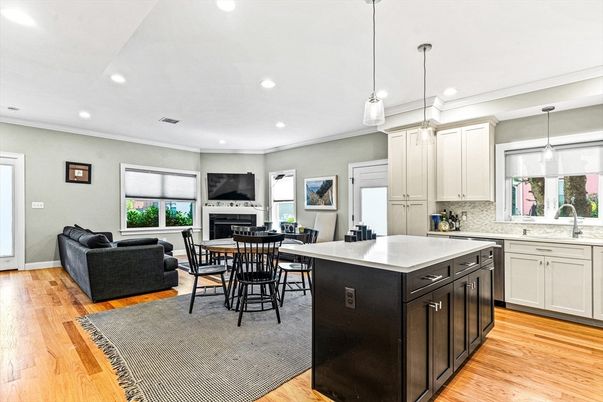 Dining room, Fireplace, Interior, Kitchen, Pendant Lights, Recessed Lighting, Wood Texture Flooring