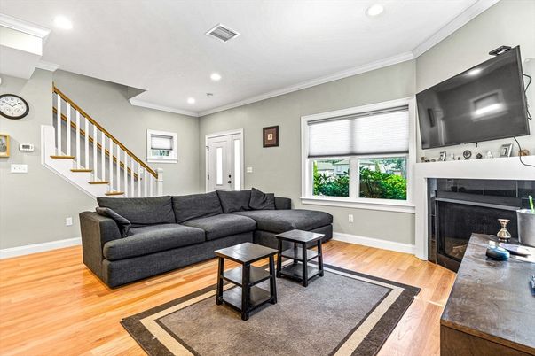 Fireplace, Interior, Living room, Recessed Lighting, Wood Texture Flooring