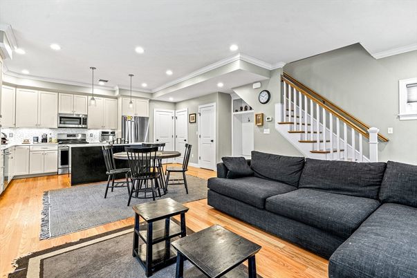 Interior, Kitchen, Living room, Pendant Lights, Recessed Lighting, Stainless Steel Appliances, Wood Texture Flooring