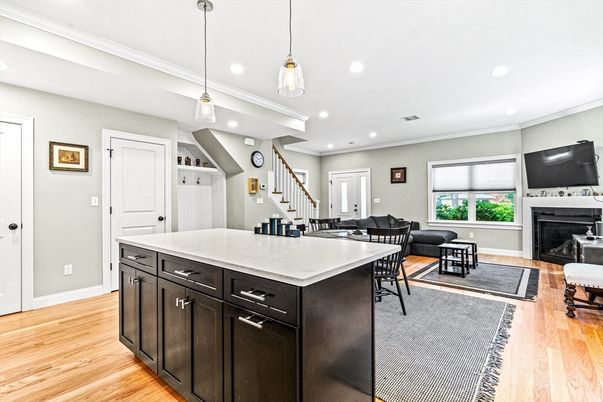 Fireplace, Interior, Kitchen, Living room, Pendant Lights, Recessed Lighting, Wood Texture Flooring