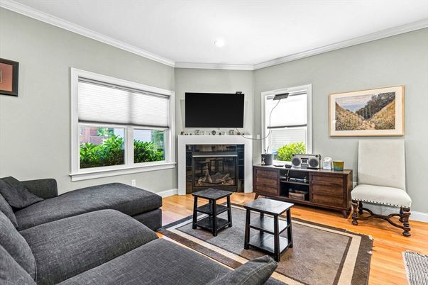 Fireplace, Interior, Living room, Recessed Lighting, Wood Texture Flooring