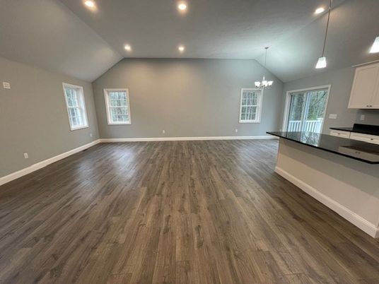 Chandelier, Empty room, Interior, Kitchen, Pendant Lights, Recessed Lighting, Wood Texture Flooring