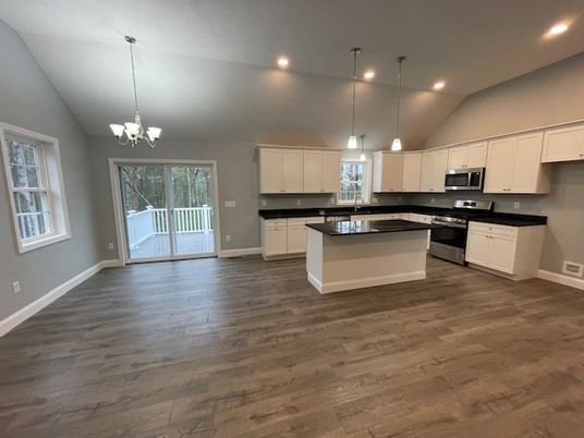 Chandelier, Interior, Kitchen, Pendant Lights, Recessed Lighting, Stainless Steel Appliances, Wood Texture Flooring