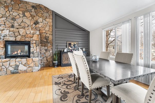Dining room, Fireplace, Interior, Stone Walls, Wood Texture Flooring