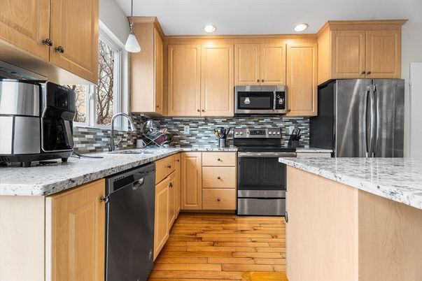 Interior, Kitchen, Pendant Lights, Recessed Lighting, Stainless Steel Appliances, Wood Texture Flooring