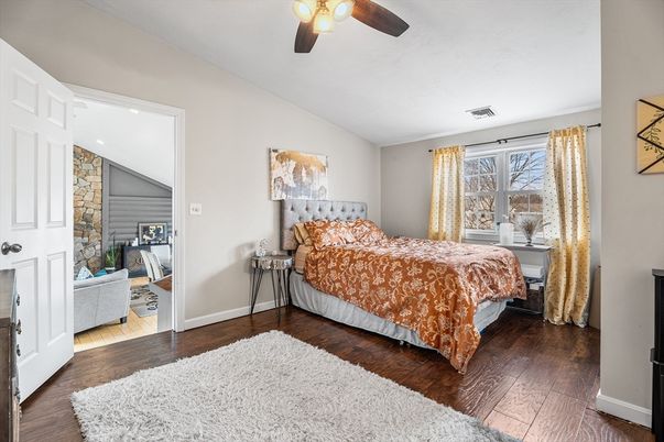Bedroom, Interior, Stone Walls, Wood Texture Flooring