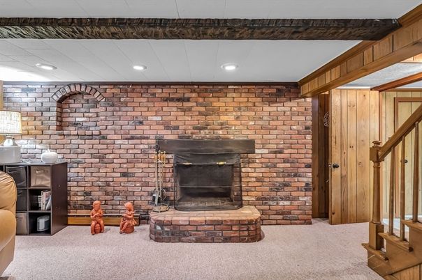 Fireplace, Interior, Recessed Lighting, Stone Walls