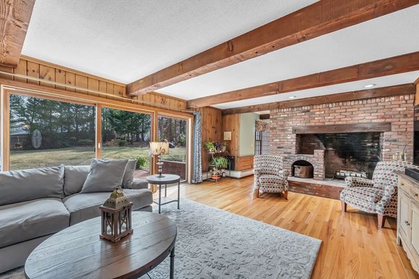 Fireplace, Interior, Living room, Stone Walls, Wooden Beams, Wood Texture Flooring