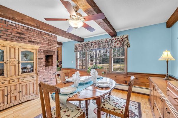 Dining room, Interior, Stone Walls, Wooden Beams, Wood Texture Flooring
