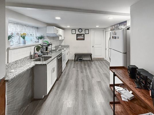 Interior, Kitchen, Recessed Lighting, Wood Texture Flooring