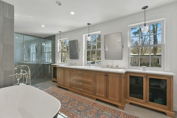 Bathroom, Dual Sink Vanities, Free Standing Baths, Glass Shower, Interior, Pendant Lights, Recessed Lighting