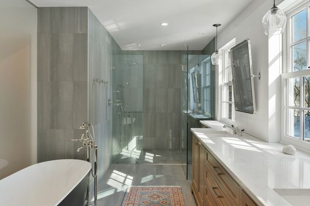 Bathroom, Dual Sink Vanities, Free Standing Baths, Glass Shower, Interior, Pendant Lights, Recessed Lighting