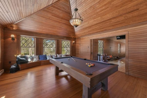 Billiard Table, Game Room, Interior, Pendant Lights, Wooden Ceilings, Wood Texture Flooring, Wooden Walls