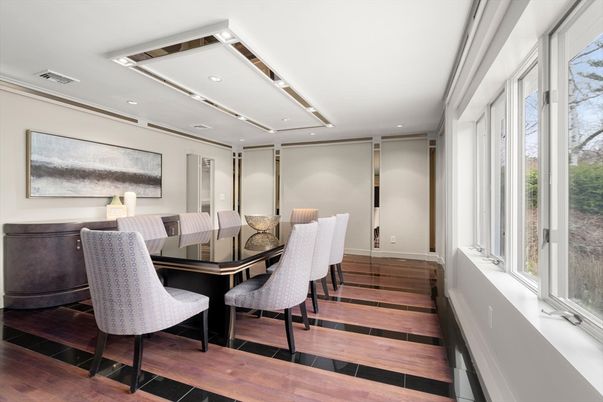Dining room, Interior, Recessed Lighting, Wood Texture Flooring