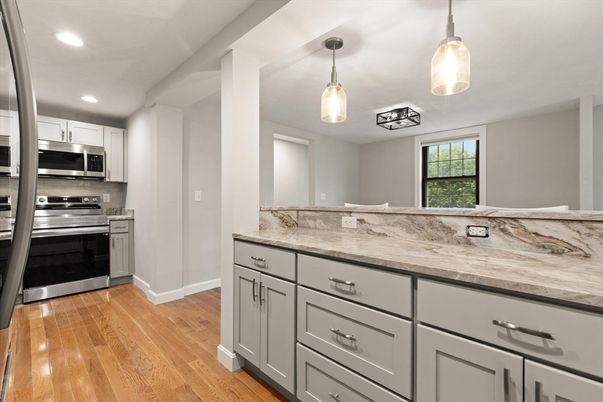 Interior, Kitchen, Pendant Lights, Recessed Lighting, Stainless Steel Appliances, Wood Texture Flooring