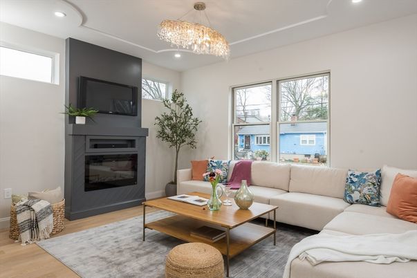Chandelier, Fireplace, Interior, Living room, Recessed Lighting, Wood Texture Flooring